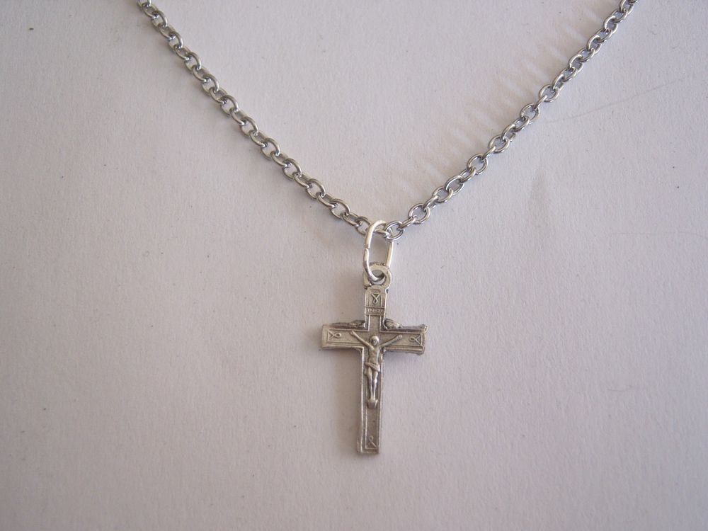 Oxidized Silver Plate Small Line Bordered Crucifix on a 24" Stainless Steel Necklace