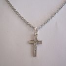 Oxidized Silver Plate Small Line Bordered Crucifix on a 24" Stainless Steel Necklace