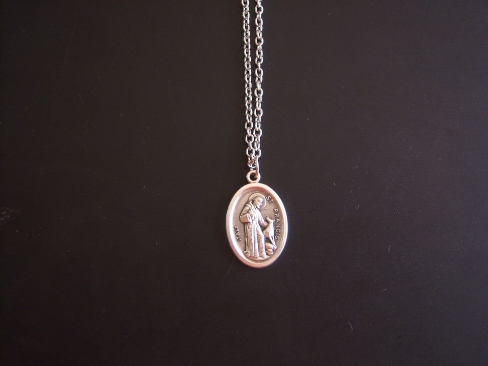 Oxidized Silver St Francis with the Wolf of Gubbio on a 24" Stainless Steel Necklace