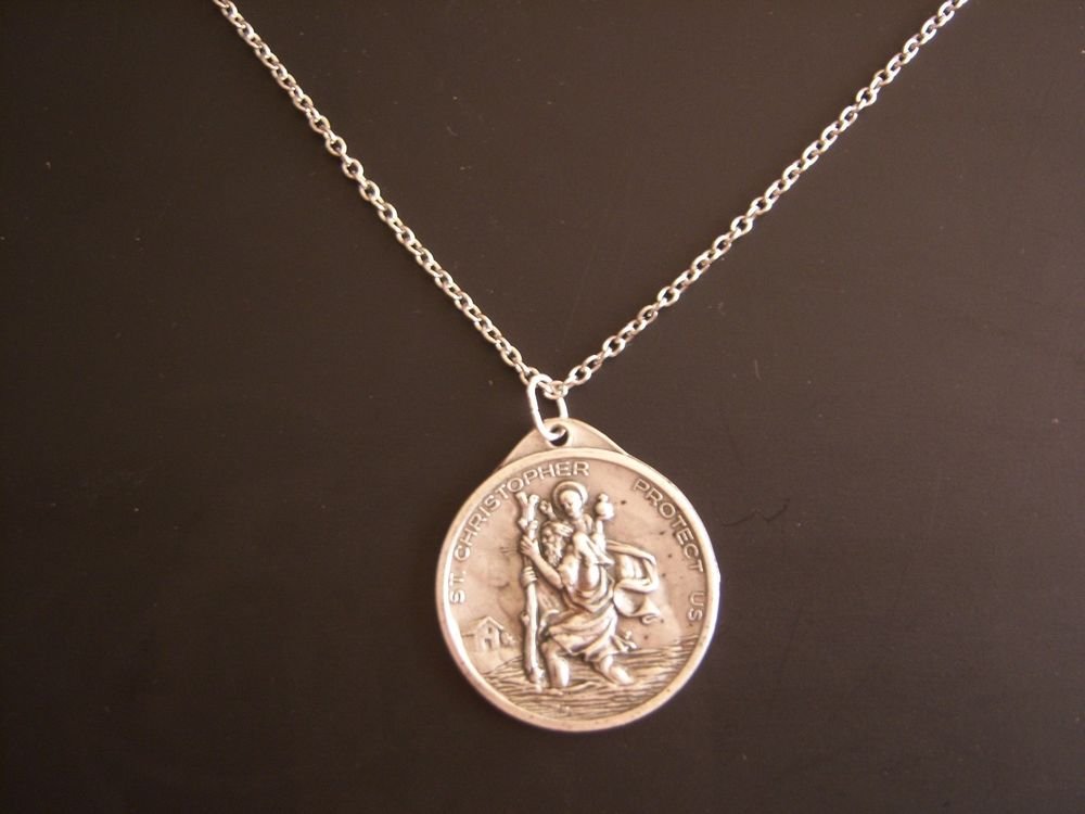 Large 1 1/2" Oxidized St. Christopher Medallion on a Stainless Steel Necklace
