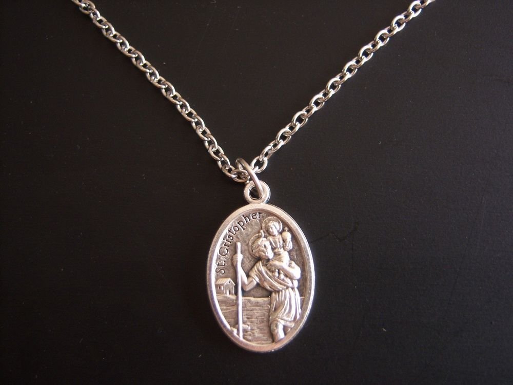 Oxidized Silver Plated St. Christopher on a 24" Stainless Steel Necklace