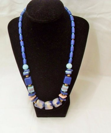 Vintage Blue Ceramic beaded necklace, Art Deco Big Bold Art Blue necklace, Gift