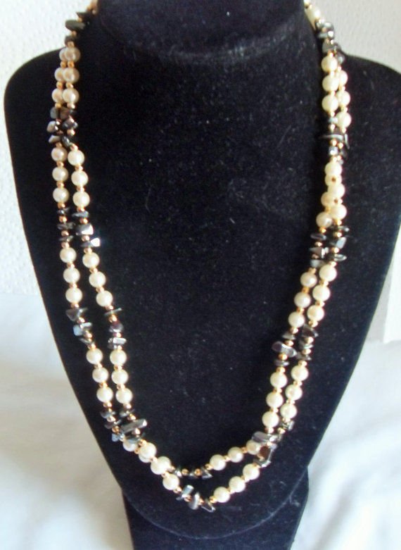 Pearl Hematite Necklace, Double Strand Gold Tone High Fashion Gemstone 