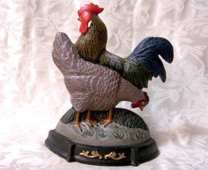 Cast Iron Hen & Rooster Painted Doorstop