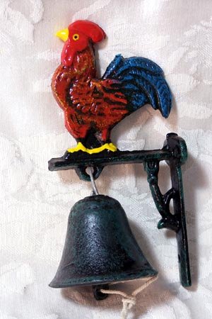 Rooster With Blue Tail Bell Cast Iron