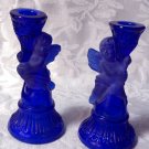 Pair of Cobalt Blue Glass Cherub Candlesticks