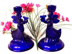 Colbolt Blue Glass Angel Candle Holder Set 2