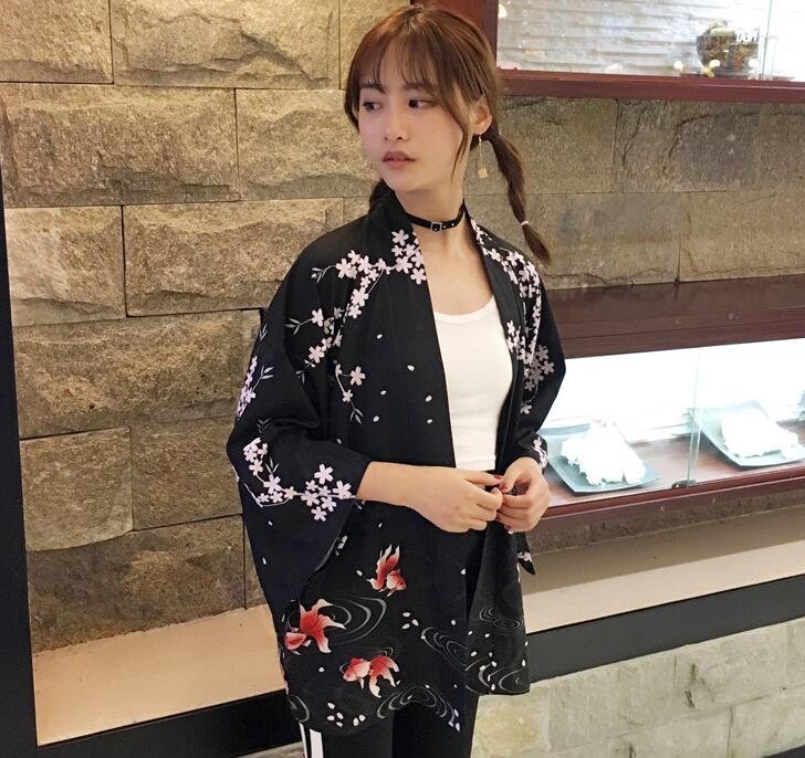 Kawaii Clothing Koi Fish Carp Kimono Sakura Flowers Black Haori WH434