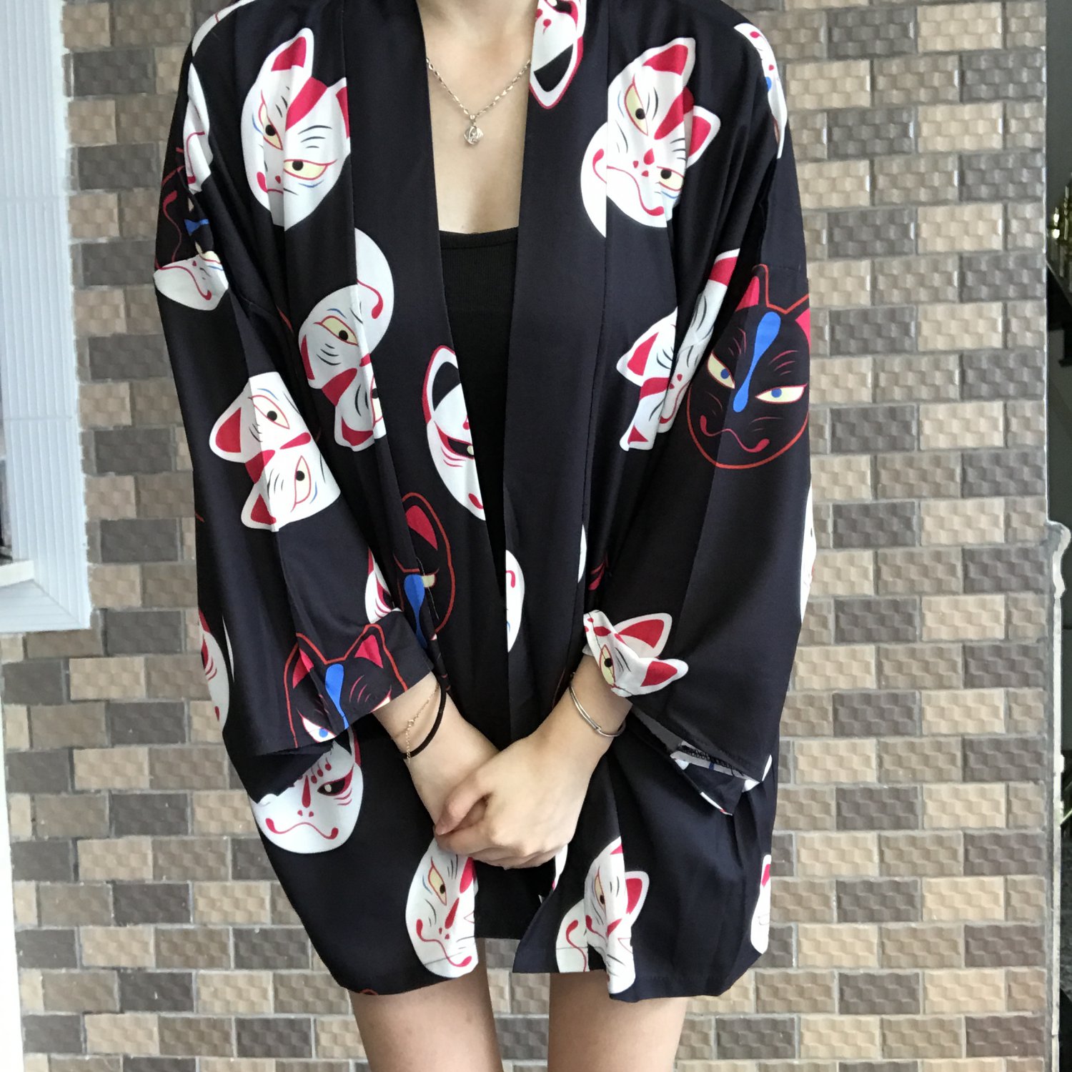 Kawaii Clothing Kitsune Kimono Jacket Fox Inari Japan Black Red WH194