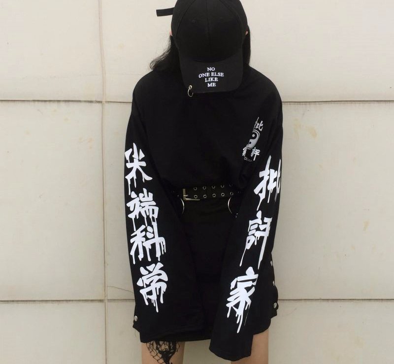 Kawaii Clothing Kanji Letters Sweatshirt Black Punk Hip Hop Emo WH302