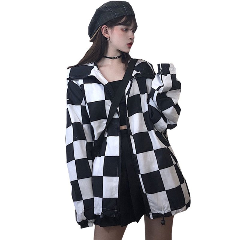 Kawaii Clothing Checkered Jacket Coat Plaid Punk Windbreaker Emo WH105