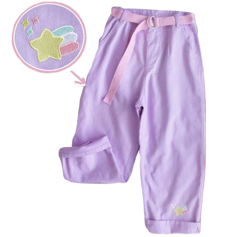 Kawaii Clothing Pastel Goth Pants Purple High Waist Jeans Belt WH211