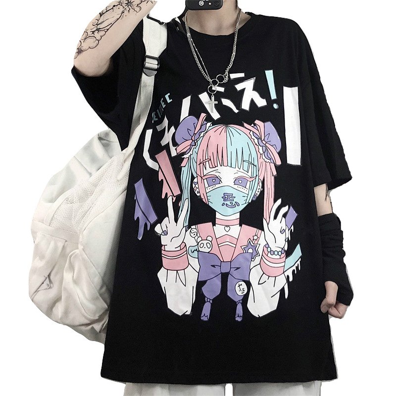 Kawaii Clothing T-Shirt Mask Face Anime Girl Gothic Black Punk WH060