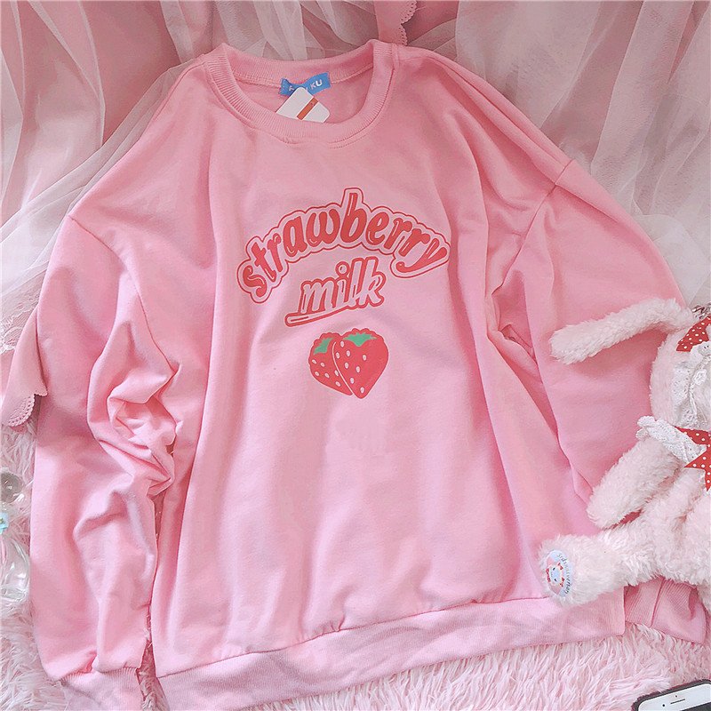 Kawaii Clothing Oversized Pink Strawberry Milk Sweatshirt Pastel WH210
