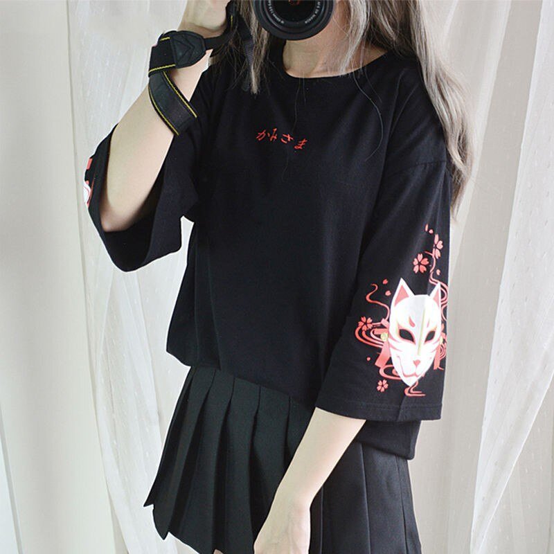 Kawaii Clothing Black T-Shirt Fox Punk Lace Up Back Japan Gothic Lolita ...
