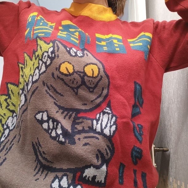 Kawaii Clothing Godzilla Catzilla Japanese Monster Kaiju Sweater Harajuku Cat Pullover Funny WH220