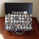 100% Authentic CHANEL Classic 2.55 Black White Camelia Tweed Flap Bag NWT