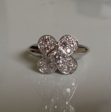 Van Cleef & Arpels 18K White Gold Pave Diamond Trefle Ring Size 52 Rare