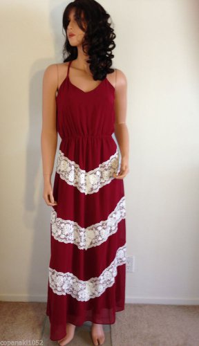 Burgundy White maxi DRESS lace hippie boho long party gypsy embroidered SMALL