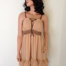Beige Brown Dress leather straps mini ruffles anthropologie hippie boho LARGE