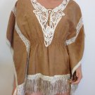 1970s VINTAGE Fringe tassel suede like Crochet Lace Poncho SMALL