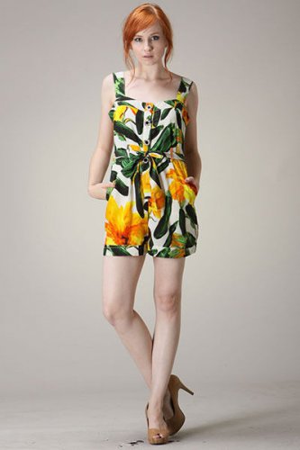 Floral romper jumpsuit green yellow dressy bohemian print hippie retro S M L