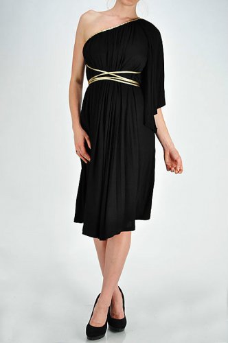 Black wrapped ONE SHOULDER dress Gold party cocktail  SMALL MEDIUM LARGE