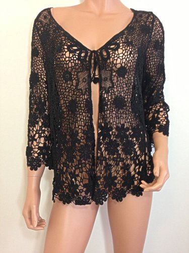 Black crochet knit top blouse tunic hippie boho cardigan MEDIUM