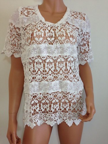 White Crochet Lace Blouse Shirt free spirit Top hippie people Bohemian MEDIUM