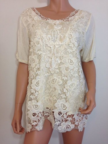 Ivory Cream crochet top blouse tunic hippie bohemian LARGE