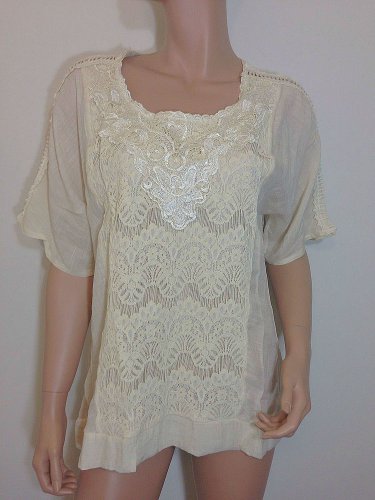 Crochet Lace Tunic Blouse Top hippie bohemian hobo gauze LARGE