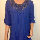 Blue beaded crochet Lace Blouse Shirt Top hippie hobo indian gauze LARGE