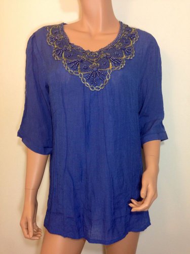 Blue beaded crochet Lace Blouse Shirt Top hippie hobo indian gauze LARGE