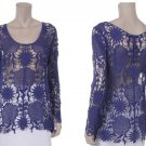 Blue Crochet Lace Tunic Top Blouse hippie Boho MEDIUM