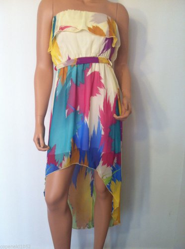 Floral Dress SMALL Asos high low hem strapless mod romantic clubwear cocktail