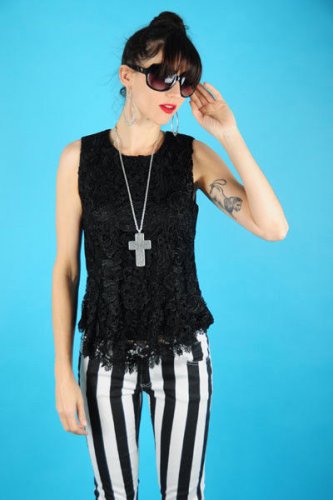 Black Crochet lace Peplum Top blouse goth vtg grunge SMALL MEDIUM