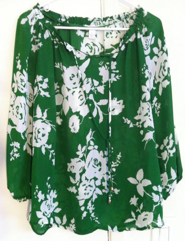 Green white floral summer blouse top charter hippie boho bohemian gypsy SMALL
