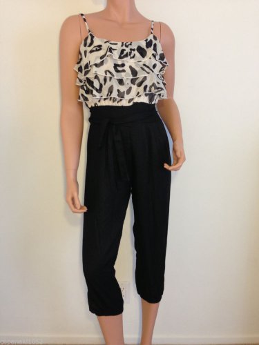 Black White jumpsuit romper jumper pants ryffle top SMALL