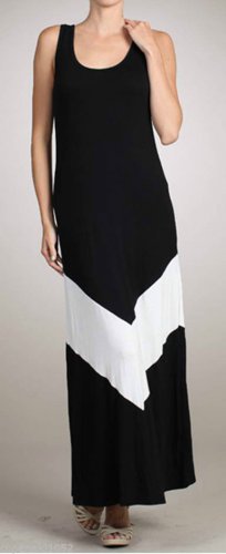 Black white CHEVRON DRESS striped color block colorbloc maxi long jersey MEDIUM