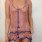 Crochet Dress Pink Beige Blue beach vtg scallop cover up top blouse High Low S M