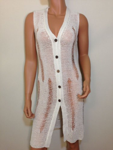 White Cut Out Button Down Blouse Top Sweater Knit  SMALL MEDIUM