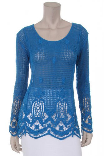 Aqua Blue crochet knit top blouse tunic navy hippie boho LARGE