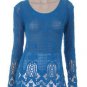 Aqua Blue crochet knit top blouse tunic navy hippie boho LARGE