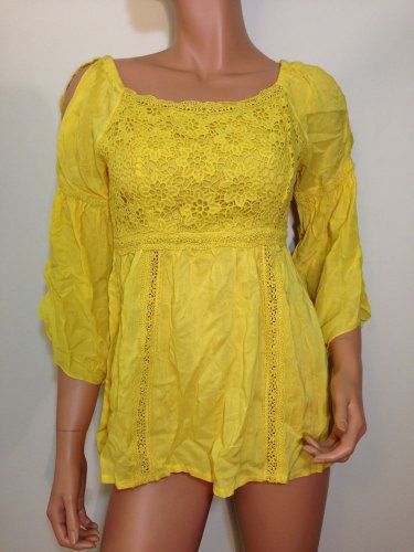 Yellow Crochet  lace Top blouse tunic Boho Hippie XS SMALL