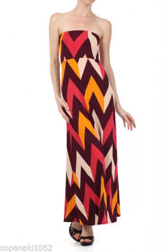 Strapless Dress geometric chevron beige striped boho hippie SMALL