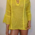 Yellow Crochet lace gauze Blouse Top Boho Hippie SMALL