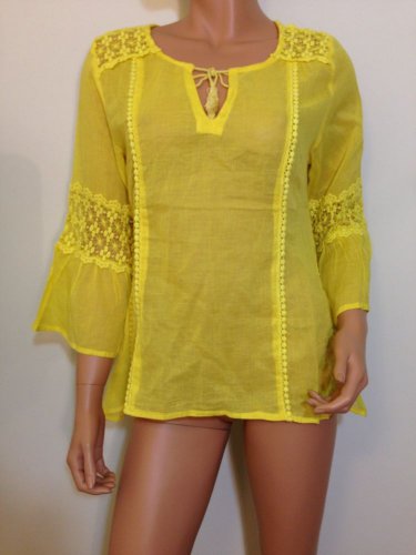Yellow Crochet lace gauze Blouse Top Boho Hippie SMALL