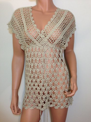 Beige crochet womens blouse top hippie boho hobo gypsy SMALL
