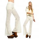 LACE PANTS beige ivory vtg 70s boho crochet hippie flare Bell LARGE