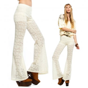 LACE PANTS beige ivory vtg 70s boho crochet hippie flare Bell LARGE